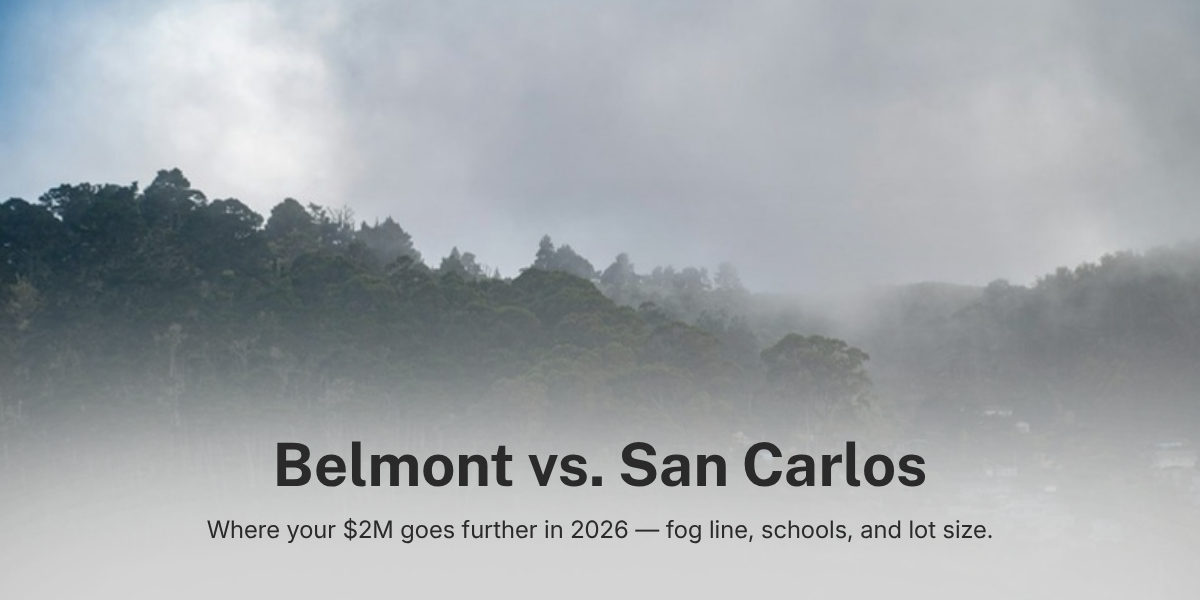 belmont-vs-san-carlos-2026 Belmont vs San Carlos homes: Peninsula hillside neighborhood at the fog line in 2026.