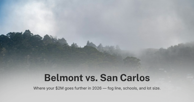 Belmont vs San Carlos homes: Peninsula hillside neighborhood at the fog line in 2026.