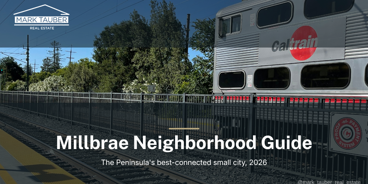 Millbrae neighborhood guide 2026 featured image Living in Millbrae CA: Peninsula commuter rail train and tracks near the transit corridor