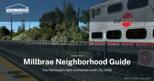 Living in Millbrae CA: Peninsula commuter rail train and tracks near the transit corridor