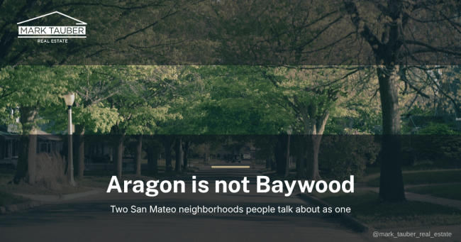 San Mateo residential streetscape with mature tree canopy over a wide street, no individual home identifiable, illustrating Aragon and Baywood neighborhood differences